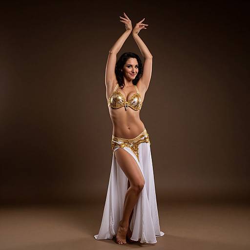 Photograph of a smiling, dark-haired woman with a toned physique, wearing a gold bikini top and white skirt with gold belt, arms raised, standing
