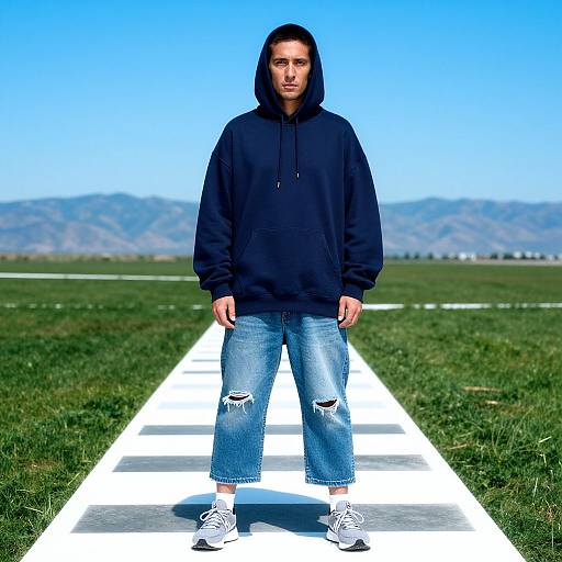Photograph of a young man with medium skin tone, black hooded sweatshirt, distressed blue jeans, white socks, and black sneakers, standing on