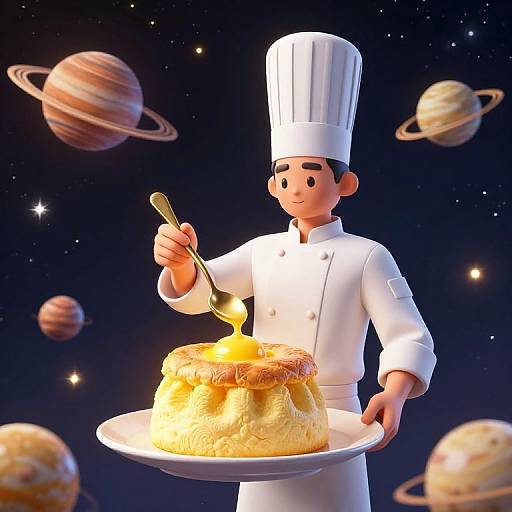 Cartoon chef in white uniform, holding spoon to golden cake, against starry space background with planets. Digital art style.