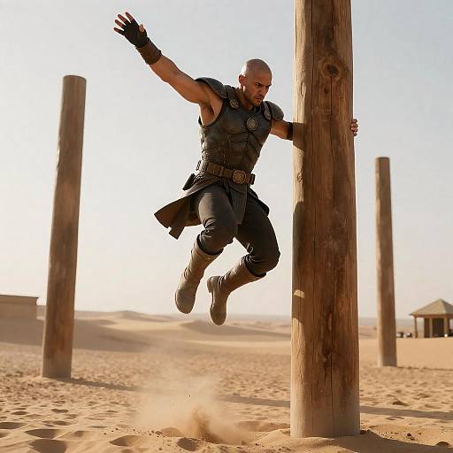 Muscular Man in Armored Outfit Jumping