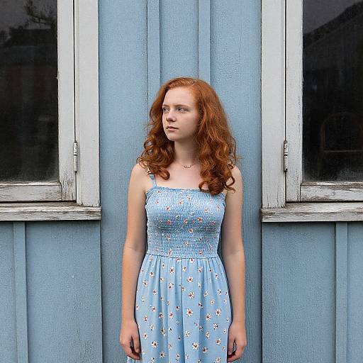 Photograph of a red-haired woman with fair skin, wearing a blue floral dress, standing against a blue wooden wall with white-framed windows. She