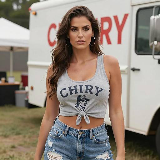 Photograph of a woman with long brown hair, wearing a gray 