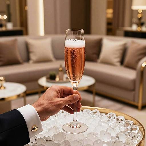 Photograph of a hand in a black suit holding a champagne flute with pink bubbly, raised above an ice-filled gold tray in a luxurious, softly