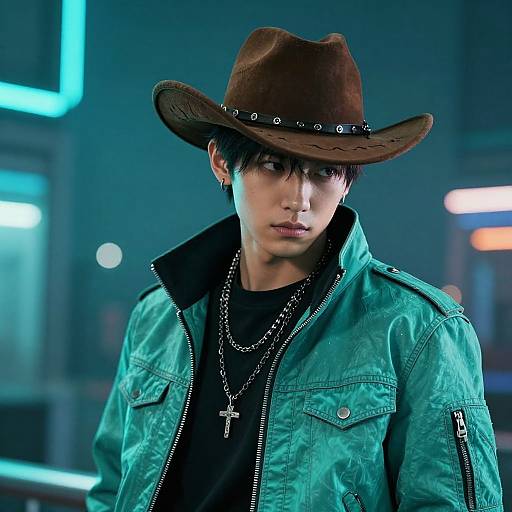 Photograph of a young man with pale skin, black hair, wearing a brown cowboy hat, teal jacket, black shirt, cross necklace, and pier