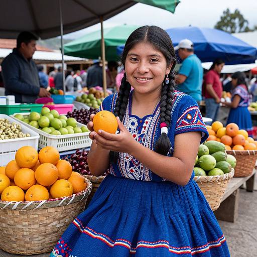 Photograph of a smiling young girl with braided hair, wearing a blue embroidered dress, holding an orange at a bustling market stall with baskets of oranges