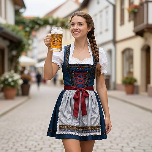 Photograph of a smiling young woman in a traditional German dirndl dress, holding a frothy beer, standing on a cobblestone street in a