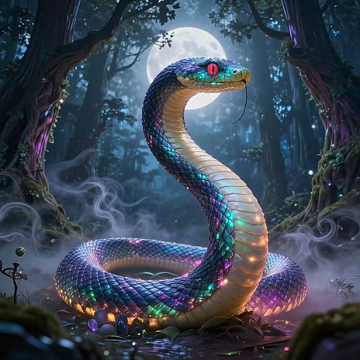 Digital artwork of a vibrant, rainbow-scaled snake with glowing red eyes, coiled in a misty, moonlit forest, surrounded by colorful lights