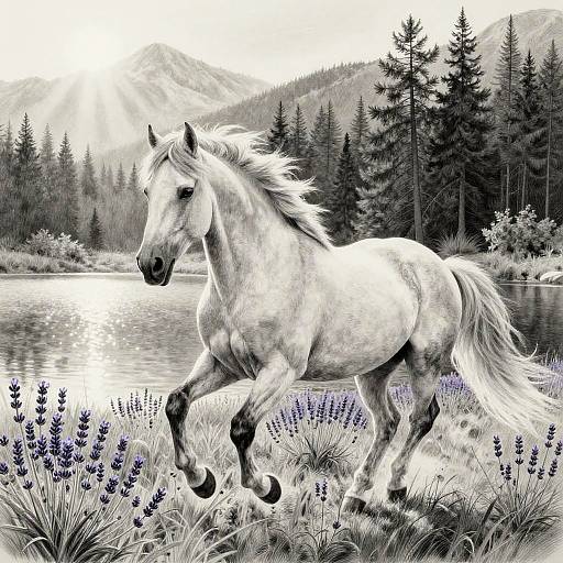 Graceful White Stallion in Alpine Meadow