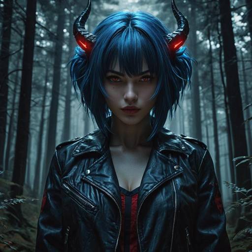 Blue Haired Demon Girl in Horror Scene