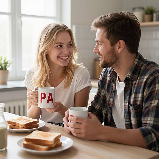 Photograph of a smiling blonde woman and bearded man in a bright kitchen, both holding white mugs with 