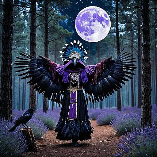 Ceremonial Dancer in Feathered Costume with Raven and Lavender Moon