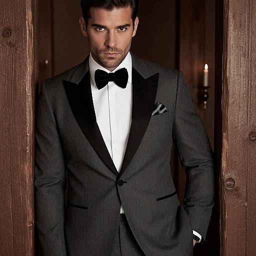 Photograph of a handsome, dark-haired man in a black tuxedo with black bow tie, white shirt, and pocket square, standing in a