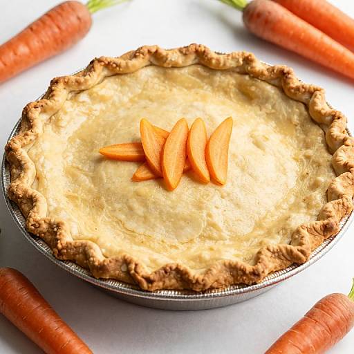 Photograph of a homemade carrot pie with a golden-brown crust, topped with five orange carrot slices, surrounded by whole carrots.