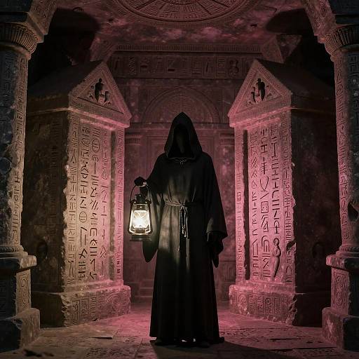Enigmatic Figure in Shadowy Crypt Scene