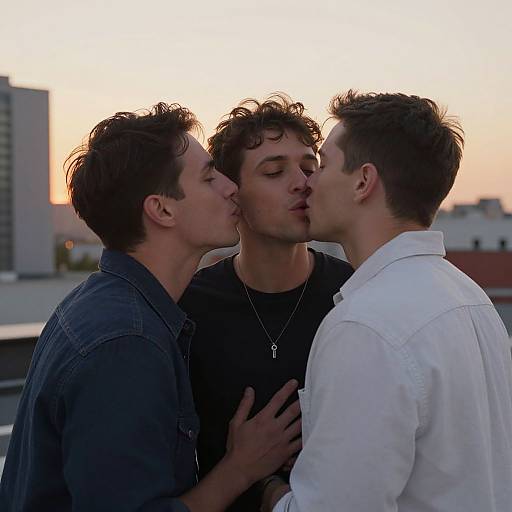 Photograph of three young men kissing on a rooftop at sunset; two in denim, one in white, with cityscape background.