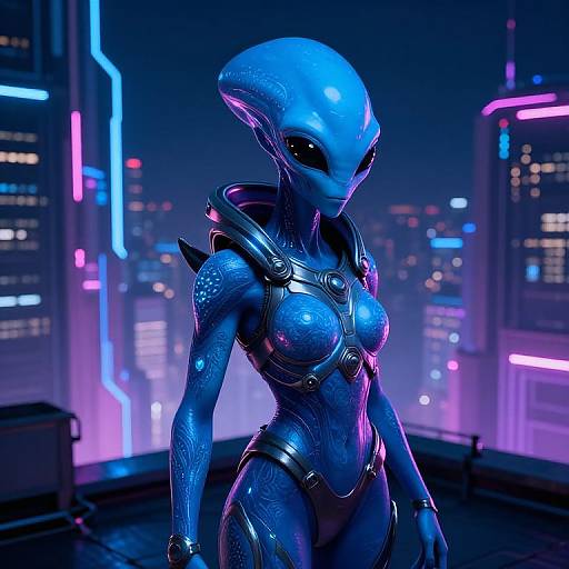 CGI image of a blue, alien woman with a sleek, metallic, futuristic armor standing in a neon-lit cityscape at night.