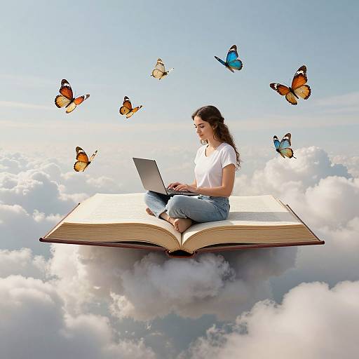 Photograph of a brunette woman in white shirt and jeans, sitting on a floating, open book, typing on a laptop, surrounded by colorful butterflies,