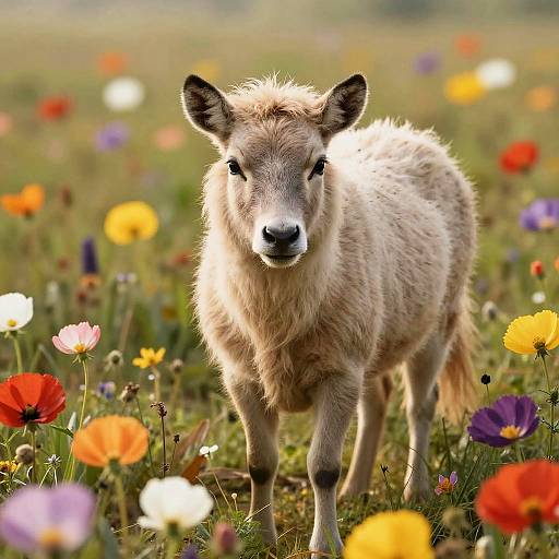 Photograph of a fluffy, light brown fawn standing in a vibrant meadow filled with colorful flowers, including red, yellow, and purple poppies