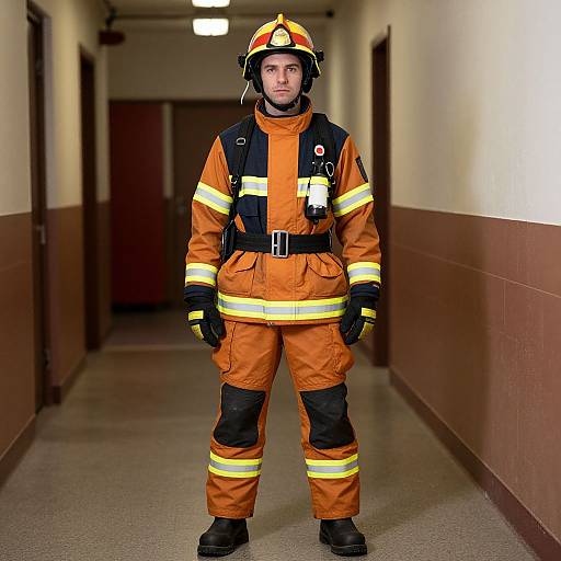 Photograph of a male firefighter standing in a hallway, wearing an orange uniform with yellow stripes, black gloves, and helmet.
