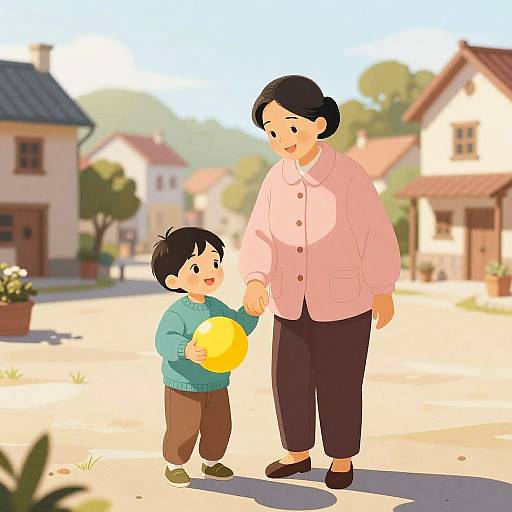 Digital illustration of an Asian woman in a pink jacket and black pants, smiling at a young boy in a green sweater, holding a yellow ball, in