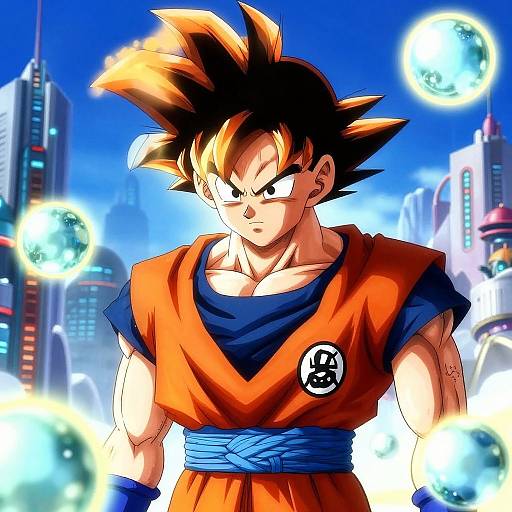 Digital anime-style drawing of Super Saiyan Son Goku, with spiky black hair, orange and blue outfit, standing in a futuristic cityscape with glowing
