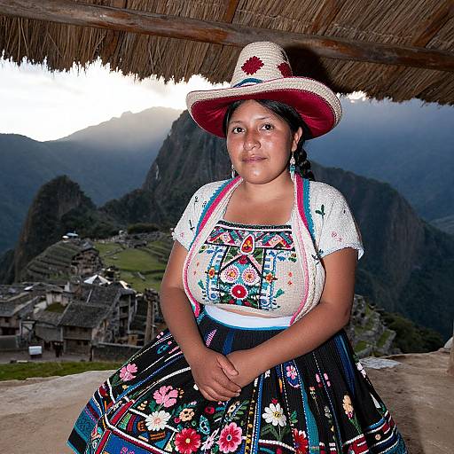 Photograph of a young Andean woman in colorful traditional dress and hat, standing in front of a rustic thatched roof, with mountainous village and