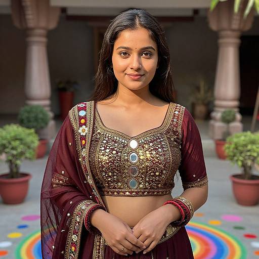 Photograph of a young Indian woman with long black hair, wearing an ornate, gold-embroidered, deep maroon traditional outfit, standing