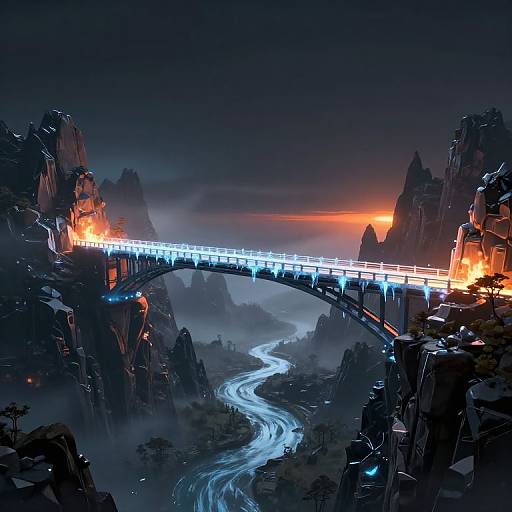 Digital artwork of a glowing, futuristic bridge arching over a winding, misty river in a dark, rocky mountain landscape at sunset.