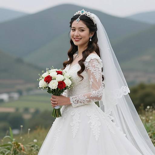 Smiling Bride in Scenic Mountain Landscape