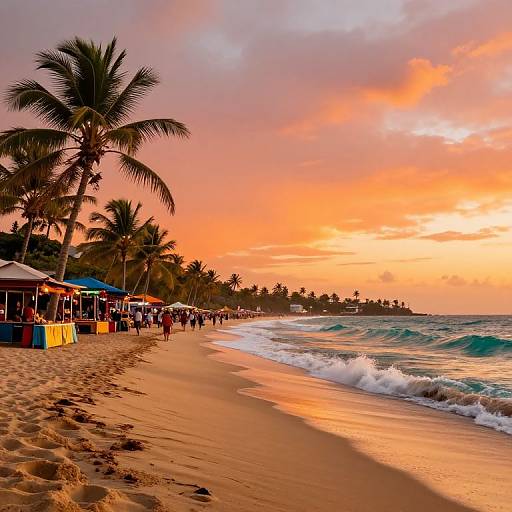 Photograph of a tropical beach at sunset, palm trees, colorful beach umbrellas, people walking, orange and pink sky, waves crashing, sandy shore
