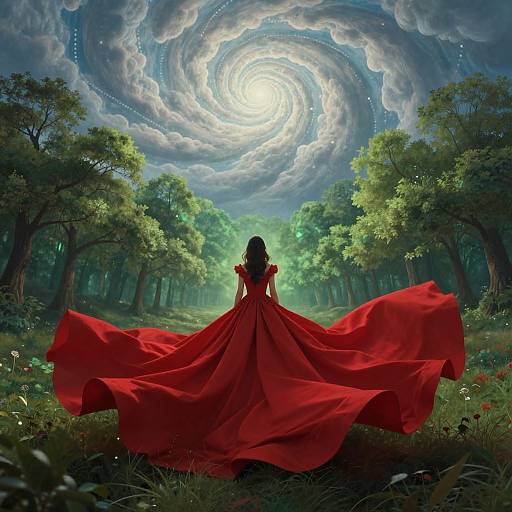 Digital fantasy artwork: Silhouetted woman in flowing red dress faces radiant, swirling starry sky in enchanted forest with lush green trees.