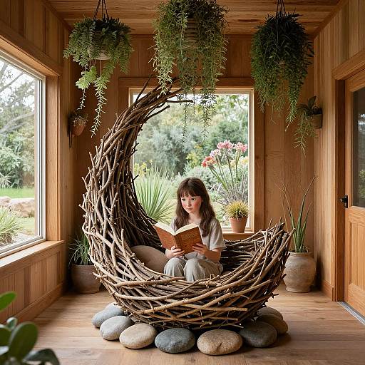 Nature-Inspired Interior with Woman Reading