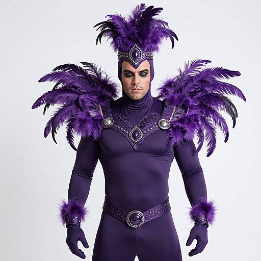 Photograph of a muscular man in a black, feathery, purple-crowned costume with elaborate shoulder feathers, diamond-shaped jewel details, and matching