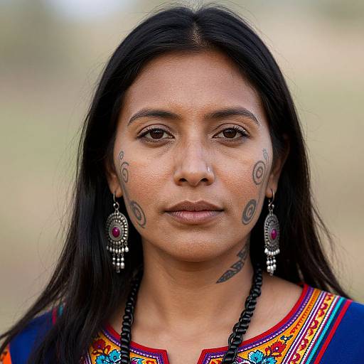 Photograph of a young woman with long black hair, dark brown skin, tribal tattoos on cheeks, wearing colorful traditional dress and silver earrings, against a