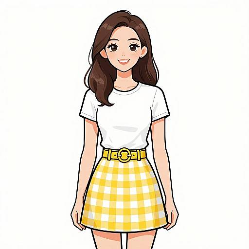 Smiling Woman in Yellow Checkered Skirt