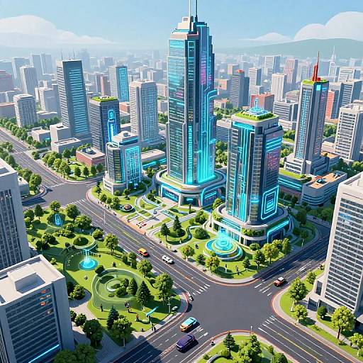Digital CGI of a futuristic cityscape featuring glowing blue skyscrapers, green parks, and busy streets, with vibrant sunlight and clear skies.