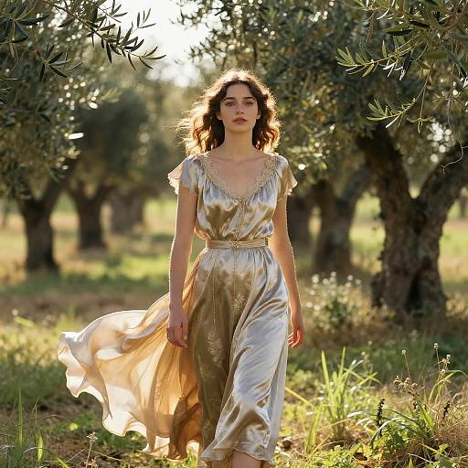 Photograph of a fair-skinned woman with wavy brown hair, wearing a flowing, gold satin dress, walking through a sunlit olive grove