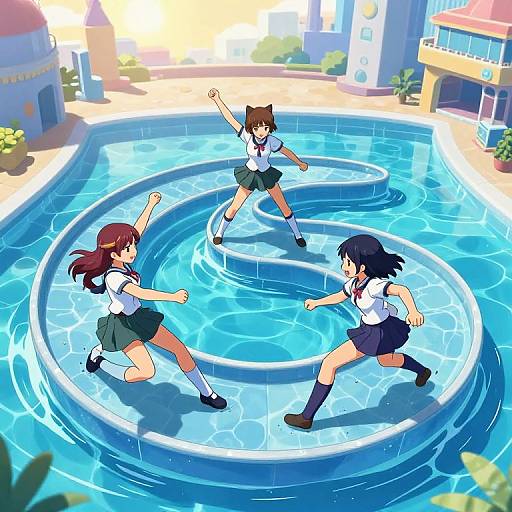 Anime-style digital illustration of three schoolgirls joyfully running in a circular water pool on a sunny day, surrounded by colorful city buildings.