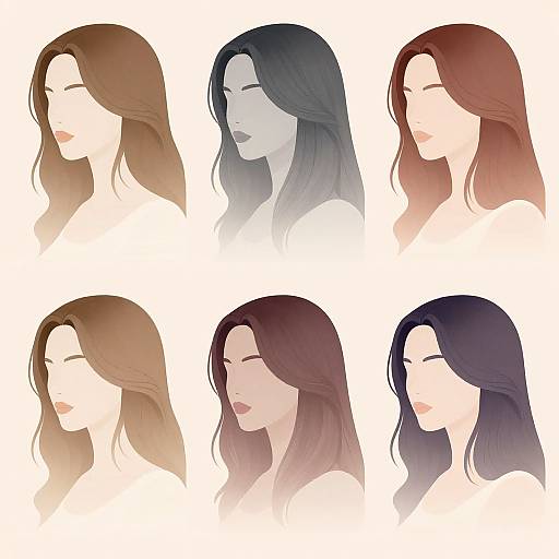 Digital illustration of six women with varying hair colors (brown, black, red) in profile, showing different expressions, on a white background.