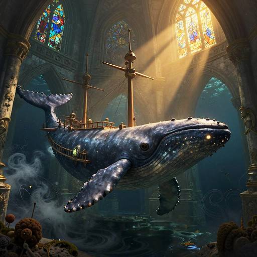 Barnacled Whale-Ship Over Sunlit Cathedral Ruins