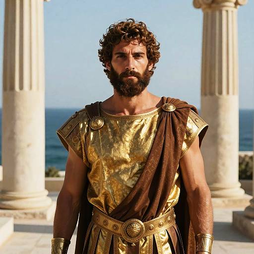 Photograph of a muscular, bearded man with curly brown hair, wearing a golden and brown Roman-style armor, standing in front of classical columns with
