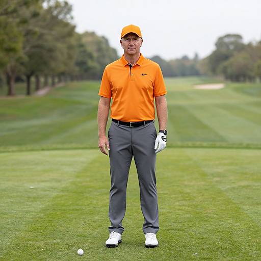 Photograph of a middle-aged man in an orange polo, gray pants, white gloves, and orange cap, standing on a green golf course.