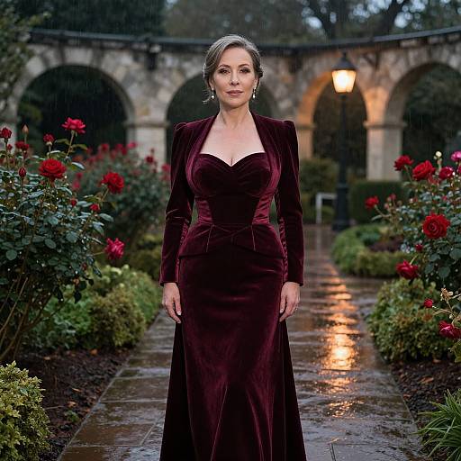 Elegant Woman in Rainy Garden Evening