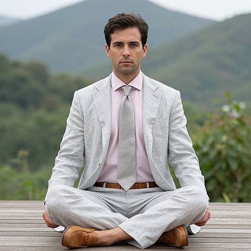 Photograph of a serious, dark-haired man in a white suit, sitting cross-legged on a wooden deck with mountainous greenery in the background.