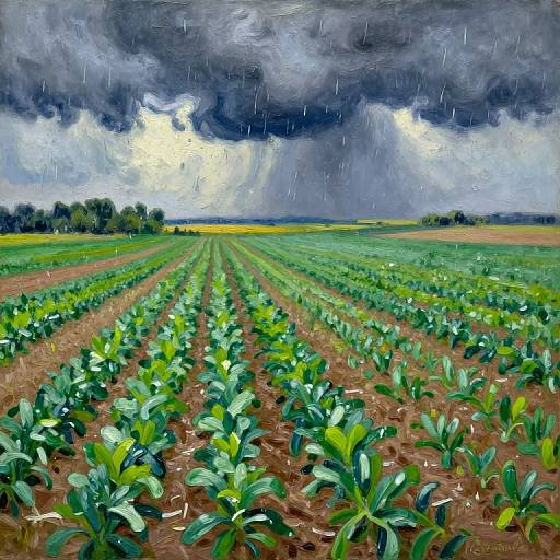 Vivid digital painting of rain-soaked, green vegetable field rows under a stormy, dark blue and gray sky with bright white light patches.
