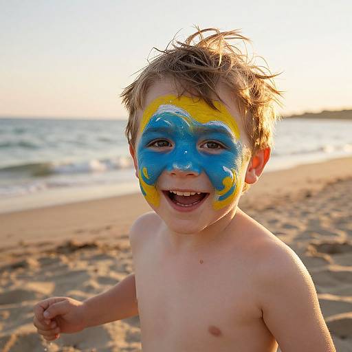 Photograph of a smiling, shirtless toddler with messy brown hair, face painted blue and yellow, standing on a sunny beach with waves in the background