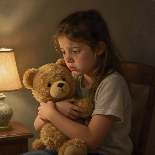 Photograph of a young girl with long brown hair, wearing a gray shirt, hugging a brown teddy bear, seated in a dimly lit