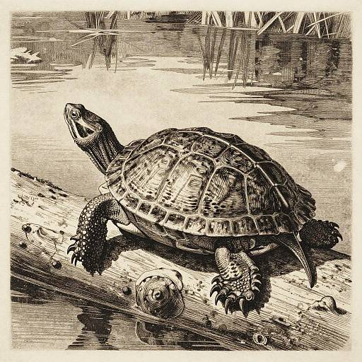 Monochrome Drypoint Etching of a Pond Turtle