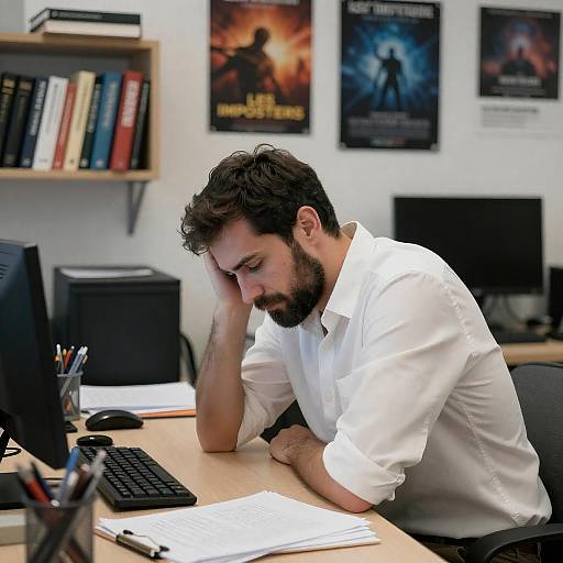 Frustrated Man in Cluttered Office