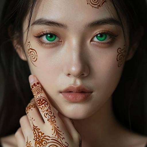 Close-up photograph of a young woman with striking green eyes, fair skin, and intricate brown henna patterns on her face and hand, against a dark